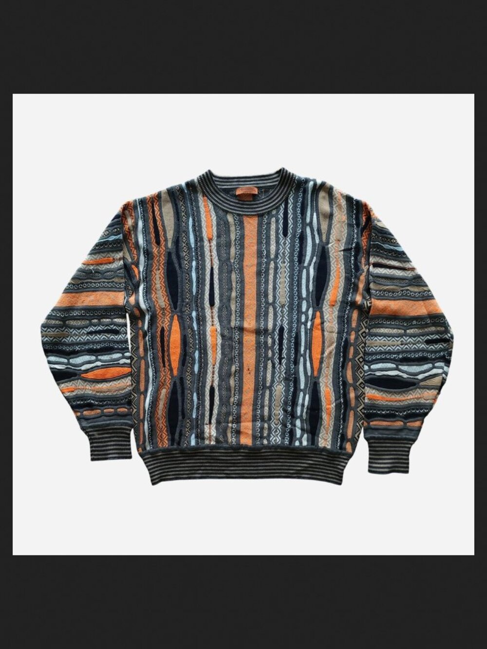 Missoni 3D Knit Sweater w/ vertical geometric patterns in Black, Grey, & Orange